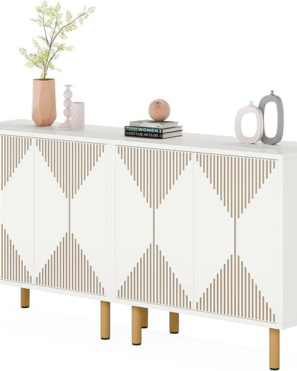 White Sideboard Buffet Cabinet, Modern Storage Cabinet with 4 Doors, Cupboard Console Table for Dining Room Living Room - LeafyLoom