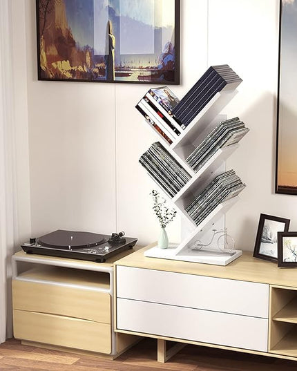 Topfurny Tree Bookshelf, 4-Tier Book Storage Organizer Shelves Floor Standing Bookcase, Wood Storage Rack for Office Home School Shelf Display for Cd/Magazine/Book -White - LeafyLoom