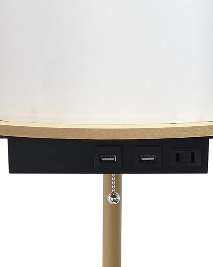 Simple Designs LF2010-TAN 62.5" Round Modern Shelf Etagere Organizer Storage Floor Lamp with 2 USB Charging Ports, 1 Charging Outlet and Linen Shade for Living Room Bedroom Office, Tan - LeafyLoom
