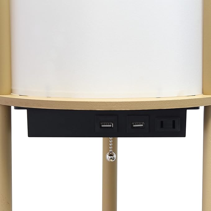 Simple Designs LF2010-TAN 62.5" Round Modern Shelf Etagere Organizer Storage Floor Lamp with 2 USB Charging Ports, 1 Charging Outlet and Linen Shade for Living Room Bedroom Office, Tan - LeafyLoom