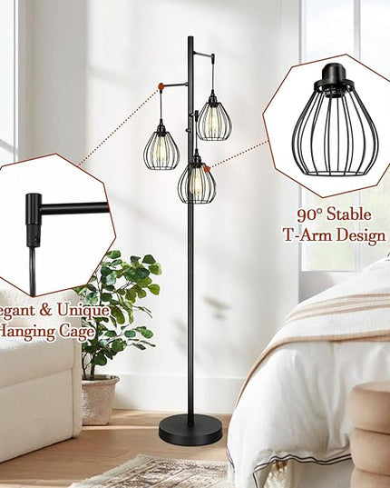 Dimmable Floor Lamp, Farmhouse Industrial Standing Lamp with 3 PCS 7W LED Edison Bulbs & 3 Light Elegant Teardrop Cage Heads, Black Rustic Tree Tall Vintage Pole Lamps for Living Room Bedroom Office - LeafyLoom