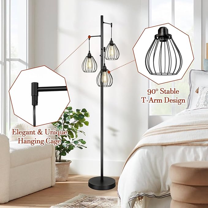 Dimmable Floor Lamp, Farmhouse Industrial Standing Lamp with 3 PCS 7W LED Edison Bulbs & 3 Light Elegant Teardrop Cage Heads, Black Rustic Tree Tall Vintage Pole Lamps for Living Room Bedroom Office - LeafyLoom