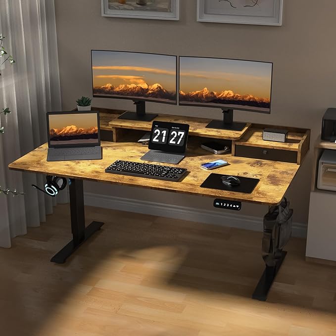 63×30 Inch Electric Standing Desk with 2 Drawers, Adjustable Height Widened Stand Up Desk with Storage Shelf, Sit to Stand Ergonomic Workstation for Home Office - LeafyLoom