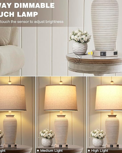 25" Farmhouse Jar Table Lamps Set of 2, 3 Way Touch Control Rustic Bedside Lamps with USB A+C Ports & AC Outlet, Pot Nightstand Lamps for Bedroom Living Room (LED Bulbs Included) - LeafyLoom