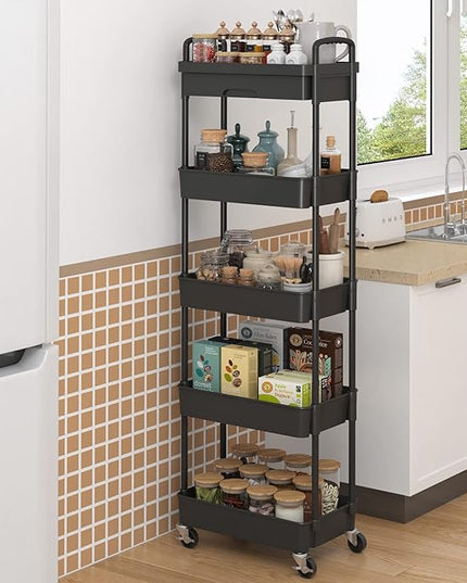 5-Tier Rolling Utility Cart，Trolley with Drawer, Multifunctional Storage Organizer with Plastic Shelf & Metal Wheels, Storage Cart for Living Room, Kitchen, Office, Bathroom, Black - LeafyLoom
