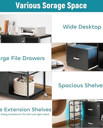 Lateral File Cabinet, 2 Drawer Mobile Filing Cabinet with Outlet, Open Storage Side Shelves, Locking Drawer Fits A4/Letter/Legal Size File Cabinets for Home Office, Black - LeafyLoom
