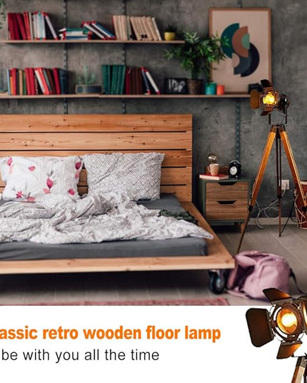 COSYLUX Industrial Floor Lamp for Living Room, Adjustable Height Tripod Floor Lamp for Rustic Decor, Wooden Nautical Retro Spotlight Farmhouse Vintage Standing Lamps for Bedrooms (with no Bulb) - LeafyLoom