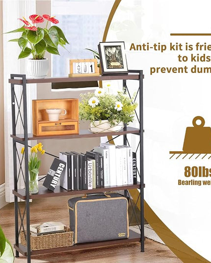 Industrial Bookshelf,Rustic Open Shelf Bookcase,4 Tier Book Shelf for Bedroom Office Living Room,Small Bookshelf for Small Spaces with Metal Frame - LeafyLoom
