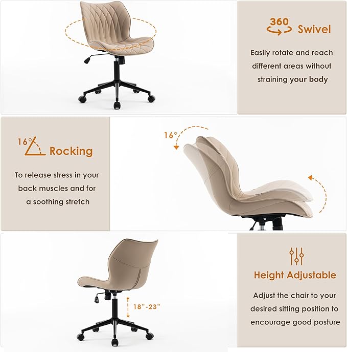 YOUNUOKE Office Desk Chair, Comfy Home Office Chairs, Small Comfortable Desk Chairs with Wheels, Armless PU Leather Chairs for Computer Conference, Khaki - LeafyLoom