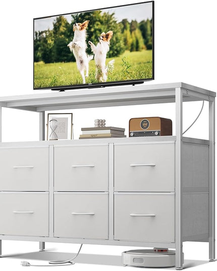 AODK TV Stand with Power Outlet, 40" Long TV Stand with 6 Large Fabric Drawers, Entertainment Center with Open Shelves for 55 Inch TV, Living Room, White Leather - LeafyLoom