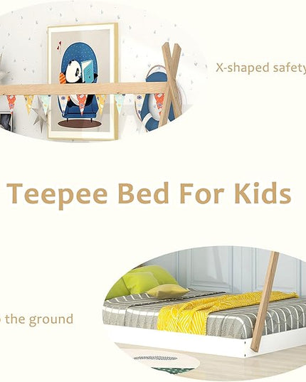 Bellemave Full Size Tent Floor Bed Frame with Triangle Structure, Teepee Bed Platform Bed for Kids,Montessori Floor Bed for Girls Boys(Full,White+Natural) - LeafyLoom