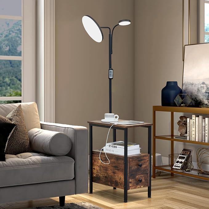 Dungoo 59" LED Floor Lamp with Table, End Table with Adjustable Reading Light, Side Table with USB & Type-C Ports and 2 Outlets, Narrow End Table with Lamp Attached for Living Room Bedroom - LeafyLoom