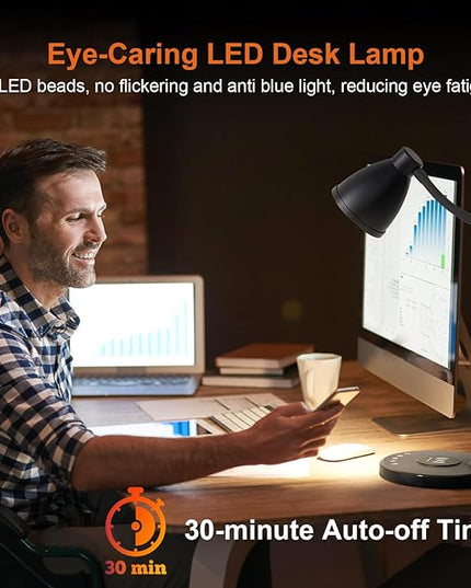BOHON Desk Lamp for Home Office, LED Desk Light with USB C+A Charging Ports, Wireless Charger, 5 Colors Stepless Dimming Reading Light Timer, Touch Bedside Table Lamp for College Dorm Room Black - LeafyLoom