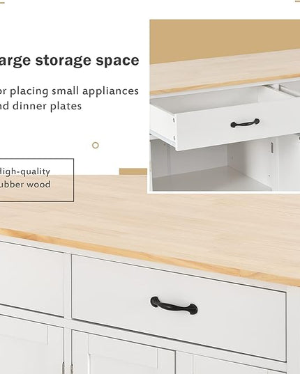 Solid Wood Top, Mobile Carts with Storage Cabinet, Rolling Kitchen Table w/Spice, Towel Rack, and Drawer, Portable Islands on Wheels, White, 54.33 Inch - LeafyLoom