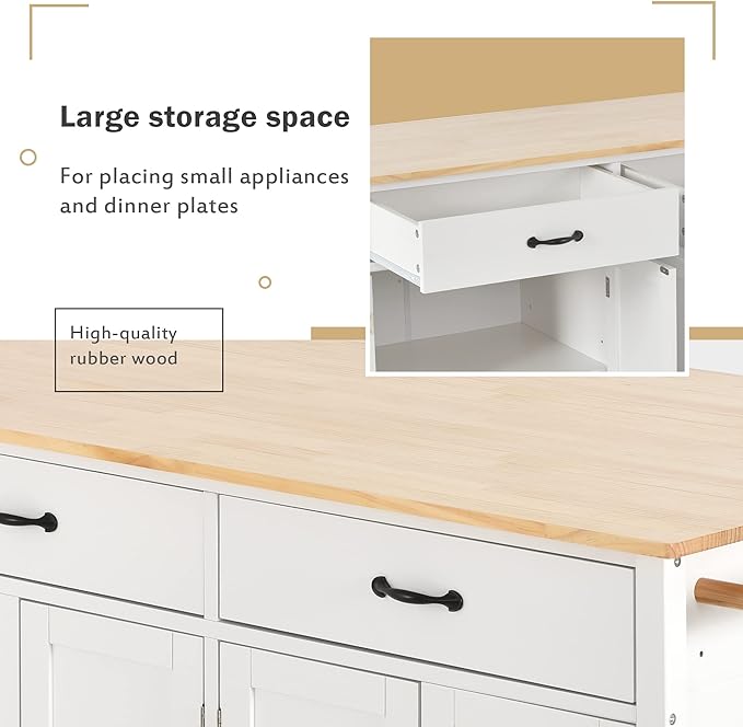 Solid Wood Top, Mobile Carts with Storage Cabinet, Rolling Kitchen Table w/Spice, Towel Rack, and Drawer, Portable Islands on Wheels, White, 54.33 Inch - LeafyLoom