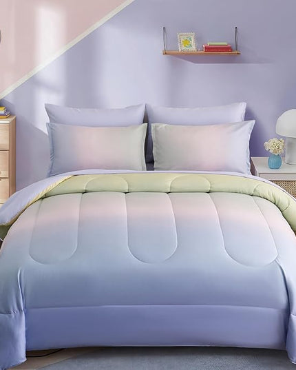Dinjoy Girls Comforter Set Twin Size Colorful Rainbow Ombre Pink Purple Green Bedding Set Gradient 6 Pieces Bed in A Bag for Kids Teen Girl Women(1 Comforter, 1 Flat Sheet, 1 Fitted Sheet) - LeafyLoom