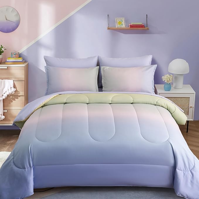 Dinjoy Girls Comforter Set Twin Size Colorful Rainbow Ombre Pink Purple Green Bedding Set Gradient 6 Pieces Bed in A Bag for Kids Teen Girl Women(1 Comforter, 1 Flat Sheet, 1 Fitted Sheet) - LeafyLoom