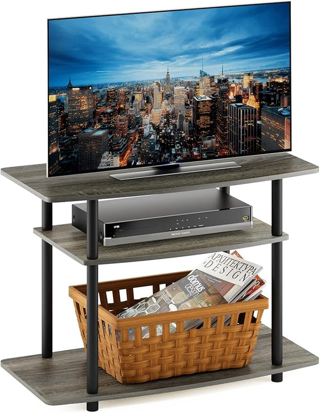 Furinno Turn-N-Tube No Tools 3-Tier Entertainment Center TV Stand for TV up to 32 Inch, Plastic Round Tubes, French Oak Grey/Black - LeafyLoom
