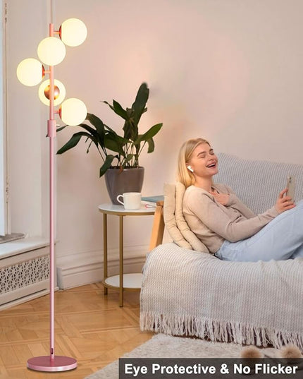Lightdot Dimmable (Brightness Adjustable) Globe Floor Lamp, Pink Pole Standing Lamps with 5PCS 3000K G9 Bulbs, Mid Century Modern Floor Lamp for Living Room - LeafyLoom