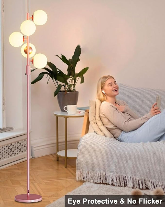 Lightdot Dimmable (Brightness Adjustable) Globe Floor Lamp, Pink Pole Standing Lamps with 5PCS 3000K G9 Bulbs, Mid Century Modern Floor Lamp for Living Room - LeafyLoom