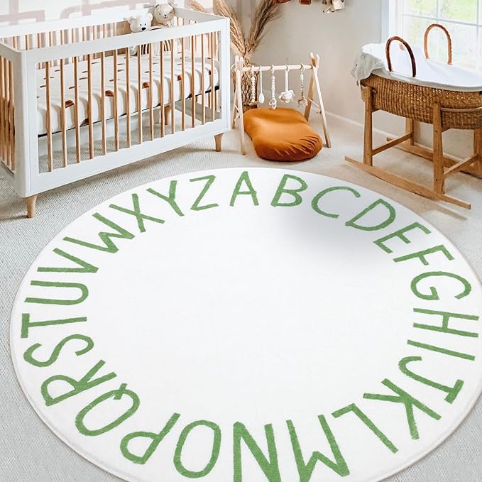Topotdor Round Kids Play Rug Alphabet Nursery Area Rug Extra Large Soft Crawling Play Mat for Children Toddlers Bedroom (47 inch, Green/White) - LeafyLoom