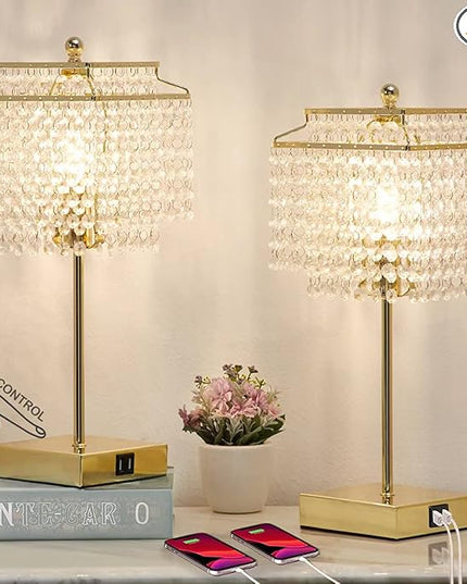 Luvkczc Set of 2 USB Bedside Crystal Table Lamp Gold, Touch Control, 3-Way Dimmable Lamp with Crystal Shade for Bedroom, Living Room, 6W LED Bulb Included - LeafyLoom