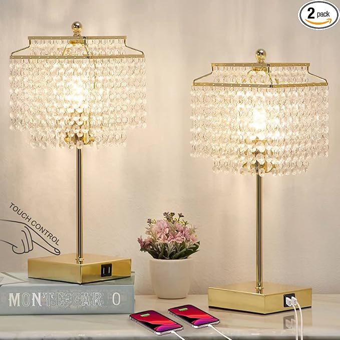 Luvkczc Set of 2 USB Bedside Crystal Table Lamp Gold, Touch Control, 3-Way Dimmable Lamp with Crystal Shade for Bedroom, Living Room, 6W LED Bulb Included - LeafyLoom