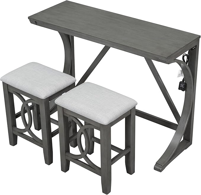 Merax Farmhouse 3-Piece Counter Height Dining Table Set with USB Port and 2 Upholstered Stools, Gray_3pcs - LeafyLoom