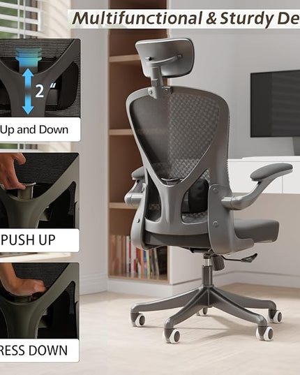 Ergonomic Office Chair Home Desk Office Chair with Flip-Armrest & Cushion for Lumbar Support, high Back Computer Chair with Thickened Cushion Desk Chairs Black - LeafyLoom