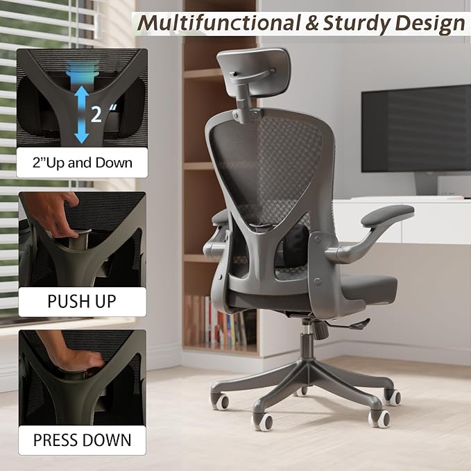 Ergonomic Office Chair Home Desk Office Chair with Flip-Armrest & Cushion for Lumbar Support, high Back Computer Chair with Thickened Cushion Desk Chairs Black - LeafyLoom