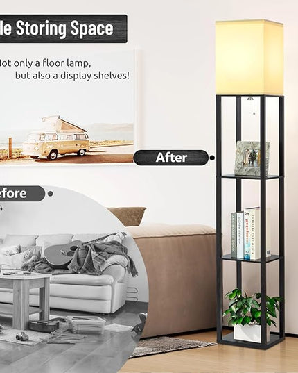 Floor Lamp with Shelves, 3-Tier Modern Floor Lamps for Living Room, Standing Lamp with 3 Color Temperature Bulb, Wooden Shelf Lamp Living Room Lamps, Black Floor Lamp for Bedroom,Living Room,Office - LeafyLoom