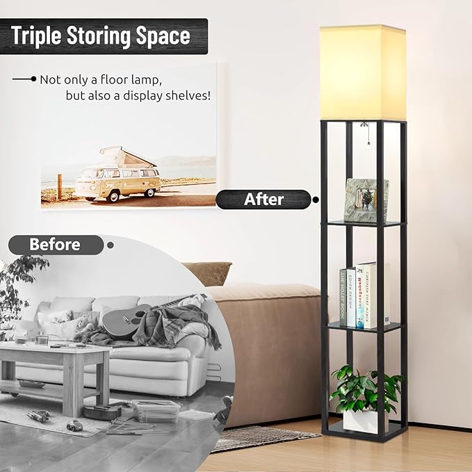Floor Lamp with Shelves, 3-Tier Modern Floor Lamps for Living Room, Standing Lamp with 3 Color Temperature Bulb, Wooden Shelf Lamp Living Room Lamps, Black Floor Lamp for Bedroom,Living Room,Office - LeafyLoom