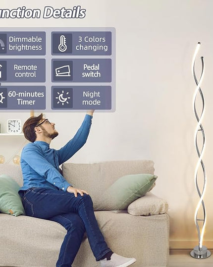 ADISUN 31W Modern Floor Lamp, LED Spiral Floor Lamp for Living Room, 3-Color Dimmable Standing Floor Lamp with Remote Control, 58" Tall Floor Lamp for Living Room Bedroom Office Dining Room (Silver) - LeafyLoom