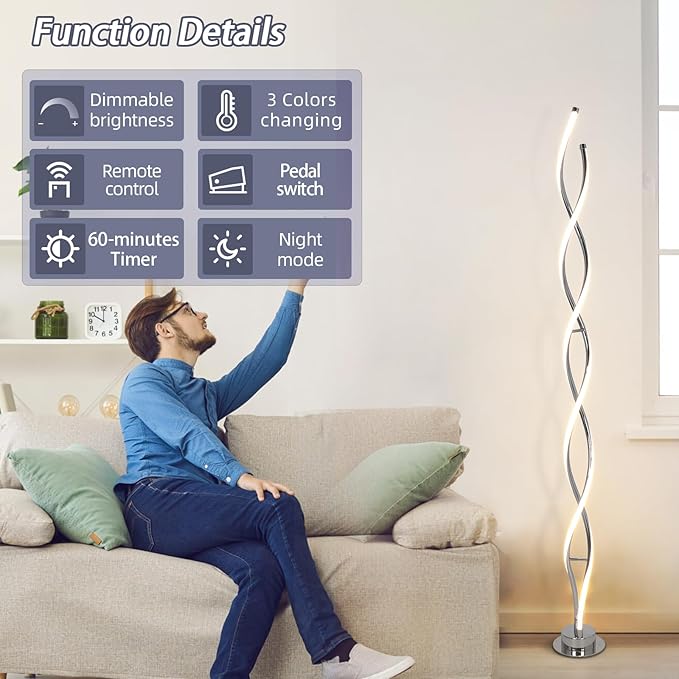 ADISUN 31W Modern Floor Lamp, LED Spiral Floor Lamp for Living Room, 3-Color Dimmable Standing Floor Lamp with Remote Control, 58" Tall Floor Lamp for Living Room Bedroom Office Dining Room (Silver) - LeafyLoom