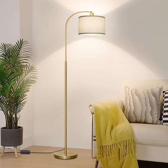 Boncoo LED Floor Lamp Fully Dimmable Modern Standing Lamp Arc Floor Lamp with Adjustable Drum Shade, Gold Tall Pole Reading Lamp Corner Light for Living Room Bedroom Study Room, Bulb Included - LeafyLoom