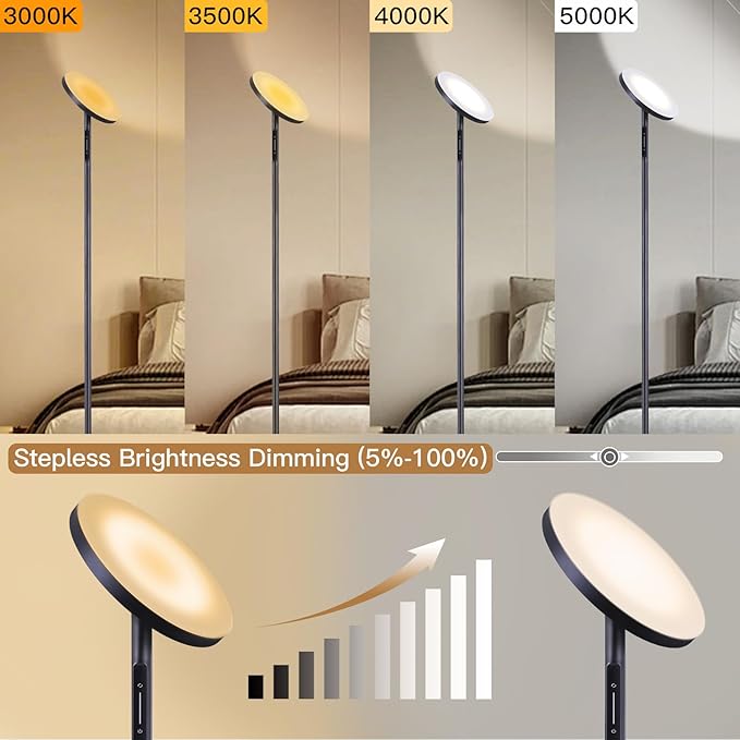 ‎Floor Lamp for Living Room, LED Tall Standing Lamp for Bedroom Reading, Torchiere Super Bright Dimmable, Side Lighting for Offices Rooms with Remote Touch Control. Adjustable 4 Colors. - LeafyLoom