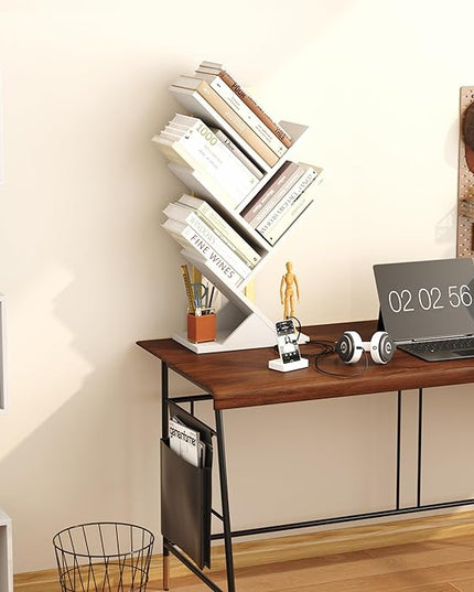 Yusong Tree Bookshelf, 5-Tier Small Bookcase with Metal Frame, Geometric Floor Standing Books Shelves Wooden Shelf for Office Desk Bedroom Tabletop Living Room White - LeafyLoom