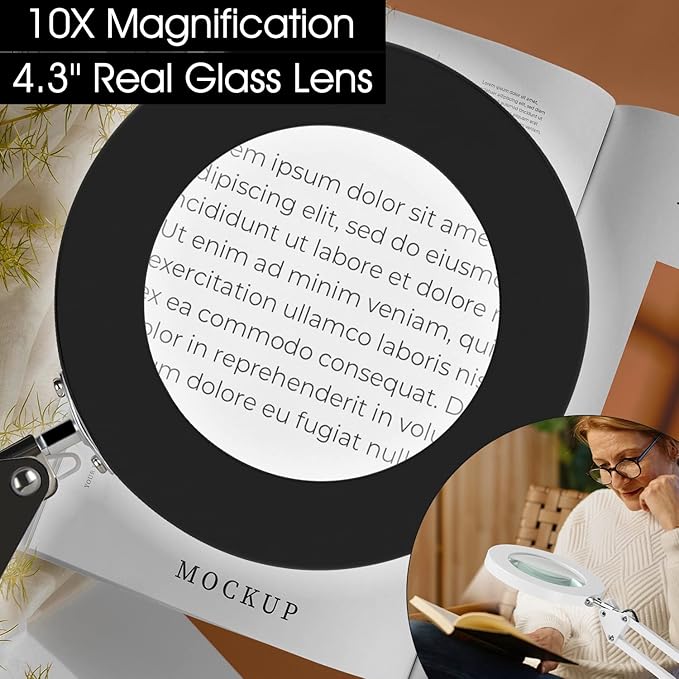 Magnifying Glass with Light and Stand, 10X Magnifying Lamp, 2-in-1 Desk Lamp with Clamp,3 Color Modes & Stepless Dimmable, LED Lighted Magnifier for Reading, Crafts, Repair Work (Black) - LeafyLoom