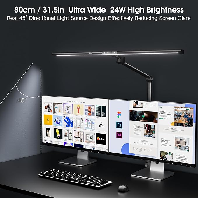 Desk Lamp for Office Home, Desk Light with Clamp, 24W Ultra Bright with Gesture Sensing, Adjustable Brightness & Color Temperature, Monitor Light, Task Light, Table Lamp for Work Study,Black - LeafyLoom