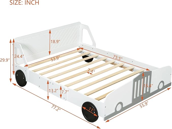 Full Size Car-Shaped Platform Bed with Wheels,Wood Bedframe W/Rails on Both Sides & Slat Support,No Box Spring Needed,Fun Play for Boys Kids Toddlers Child's Bedroom,White - LeafyLoom