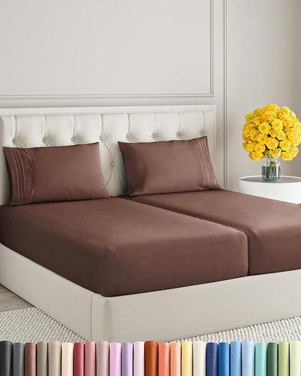 Split King Size 5 Piece Sheet Set - Comfy Breathable & Cooling Sheets - Hotel Luxury Bed Sheets for Women & Men - Deep Pockets, Easy-Fit, Soft & Wrinkle Free Sheets - Brown Oeko-Tex Bed Sheet Set - LeafyLoom