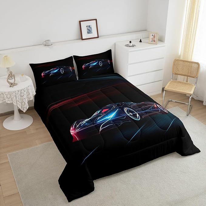 Feelyou Red Blue Race Car Bedding Set King Size for Kids Boys Extreme Sport Games Comforter Set Teens Toddler Fast and Furious Duvet Set Cool Modern Quilt Set 3Pcs - LeafyLoom