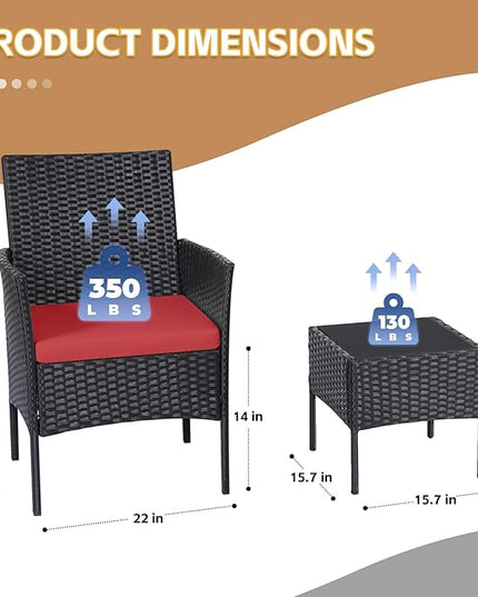 Patio Furniture Set 3 Pieces All-Weather Rattan Outdoor Furniture Patio Chairs with Tempered Glass Table for Porch Bistro Balcony Bistro Set(Black/Red) - LeafyLoom