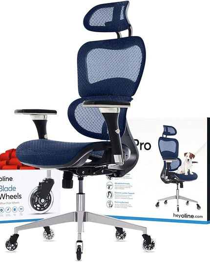 Oline ErgoPro Ergonomic Office Chair - Rolling Desk Chair with 4D Adjustable Armrest, 3D Lumbar Support and Blade Wheels - Mesh Computer Chair, Gaming Chairs, Executive Swivel Chair (Navy Blue) - LeafyLoom