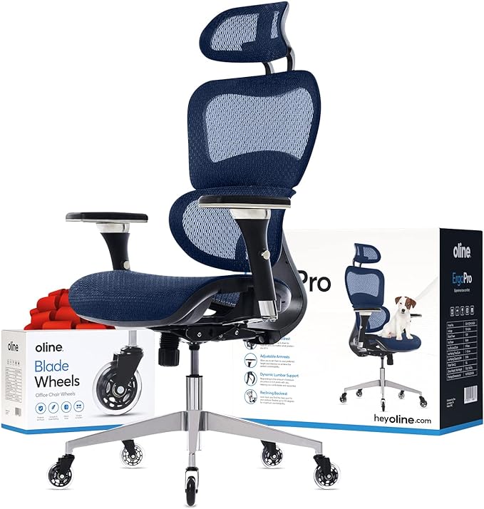 Oline ErgoPro Ergonomic Office Chair - Rolling Desk Chair with 4D Adjustable Armrest, 3D Lumbar Support and Blade Wheels - Mesh Computer Chair, Gaming Chairs, Executive Swivel Chair (Navy Blue) - LeafyLoom