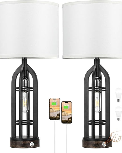 Table Lamp for Living Room - White Farmhouse Lamps for Night Stands with USB C+A, 3 Way Dimmable End Table Lamps Set of 2, Vintage Bedside Lamp for End Tables, Rustic Nightstand Lamps for Bedroom - LeafyLoom