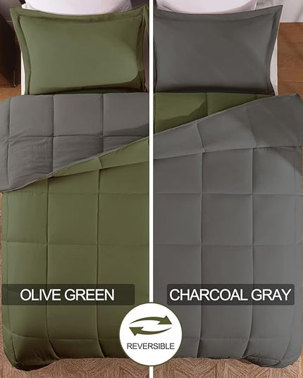 Basic Beyond King Size Comforter Set - Fluffy King Bed Comforter Set for All Seasons - Reversible Olive Green King Size Comforter Set - 3 Pieces (1 Comforter + 2 Pillow Shams) - Olive Green/Drak Gray - LeafyLoom