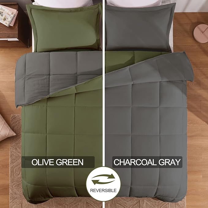 Basic Beyond King Size Comforter Set - Fluffy King Bed Comforter Set for All Seasons - Reversible Olive Green King Size Comforter Set - 3 Pieces (1 Comforter + 2 Pillow Shams) - Olive Green/Drak Gray - LeafyLoom