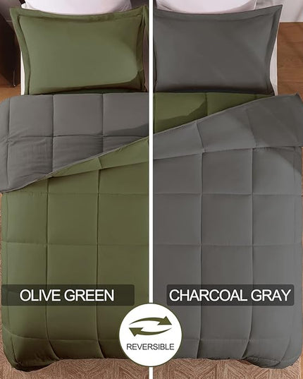 Basic Beyond Queen Comforter Set - Fluffy Comforter Queen Set for All Seasons - Reversible Olive Green Queen Comforter Set for Mens - 3 Pieces (1 Comforter + 2 Pillow Shams) - Olive Green/Drak Gray - LeafyLoom
