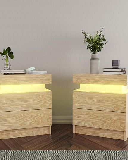 HOMMPA Set of 2 LED Nightstands Wood Night Stand with LED Light Modern Bedside Table with 2 Drawers Matte LED Nightstand for Bedroom Wood Color 20.5" Tall - LeafyLoom